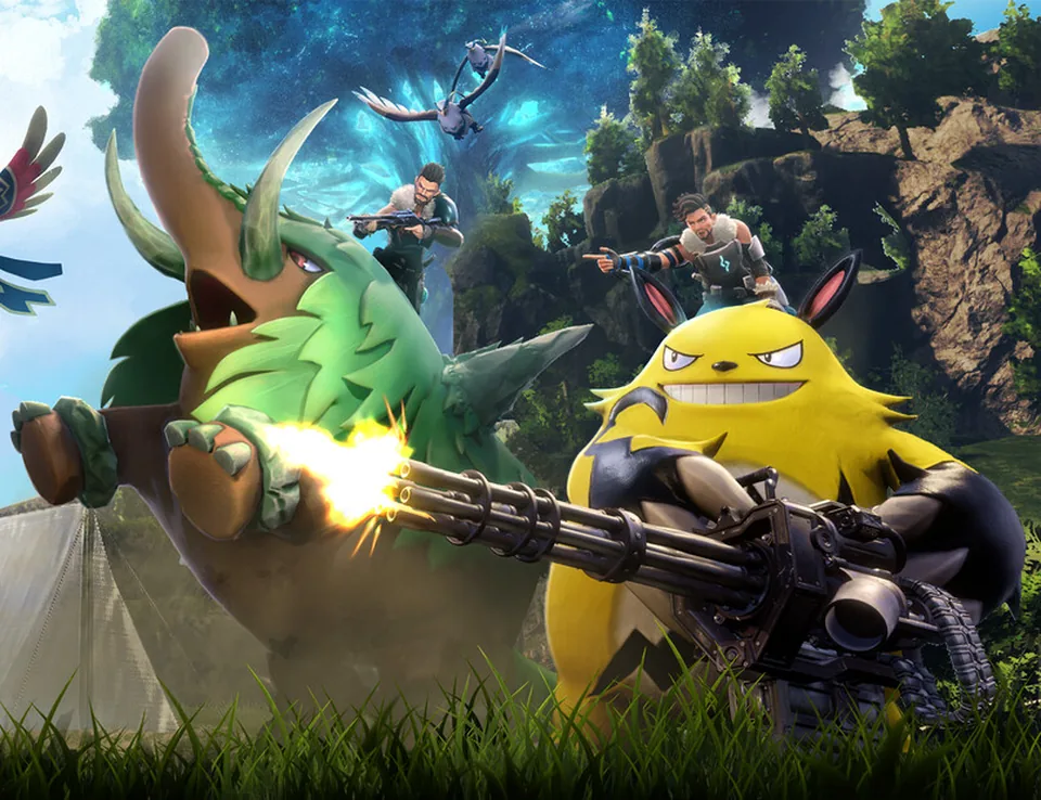 Palworld-Key-Art: Grizzbolt feuert eine Minigun neben Mossanda, Spieler reiten auf ihren Pals