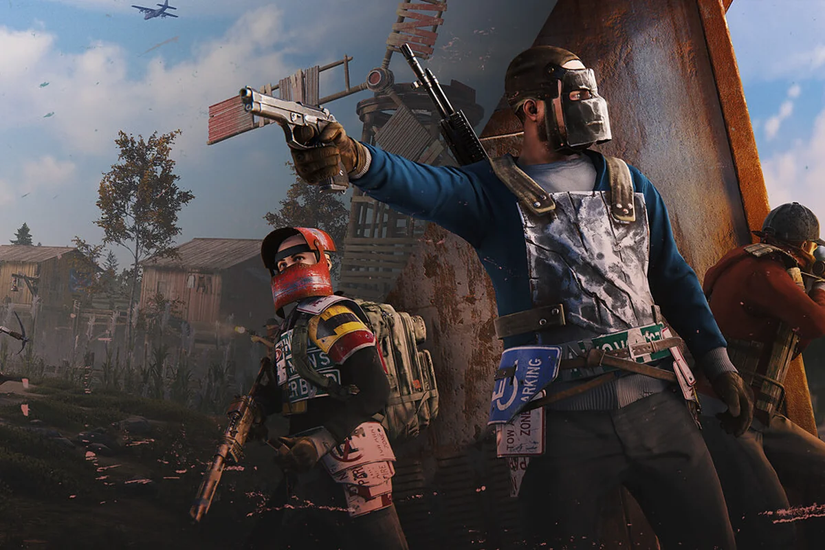 Rust-Artwork: ein Raider mit Schrott-Gesichtsschutz zielt mit einer Pistole, neben ihm ein Teamkollege mit rotem Helm