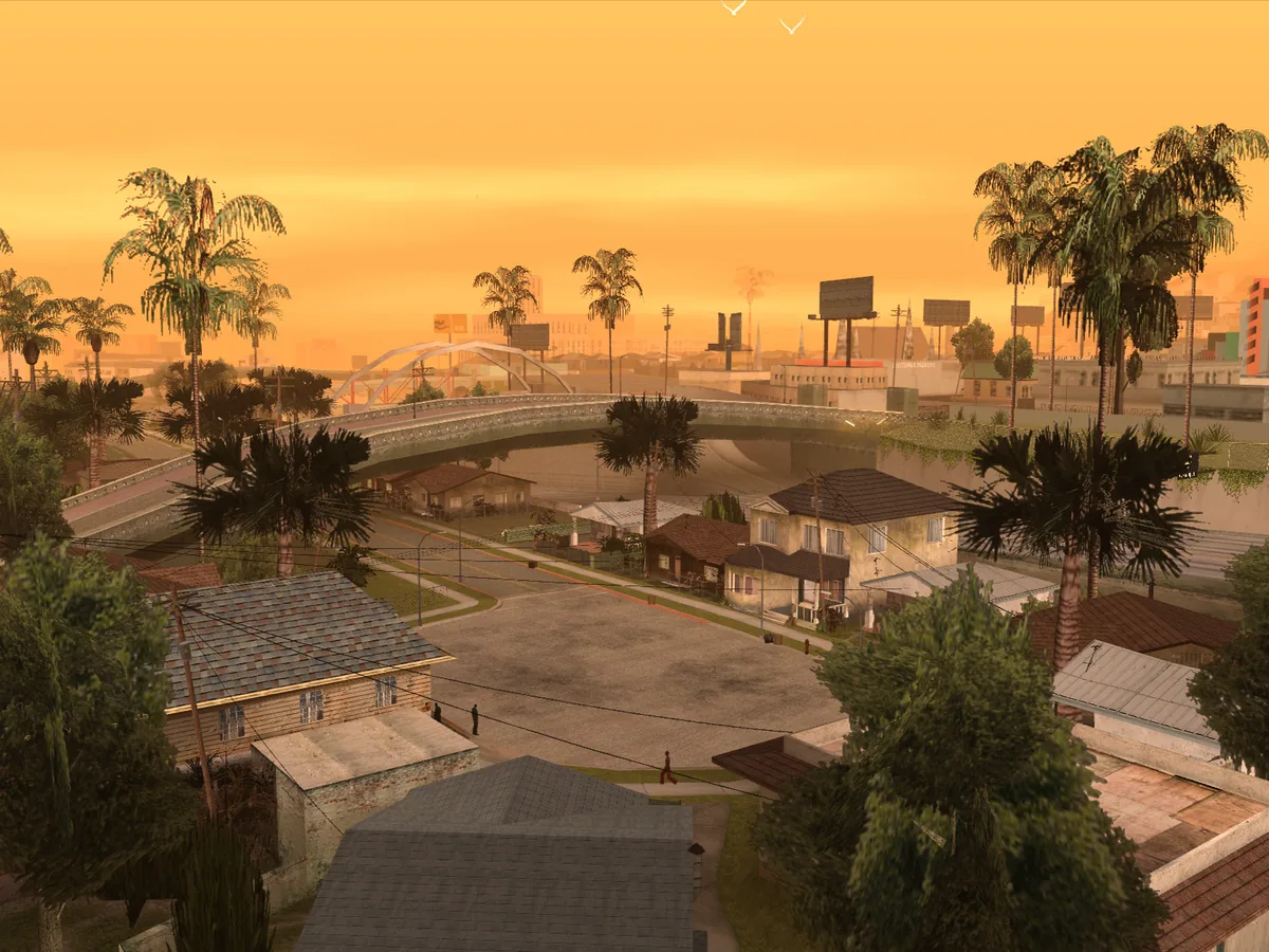 Grove Street bei Sonnenuntergang in GTA San Andreas, die Welt der SA-MP- und open.mp-Server