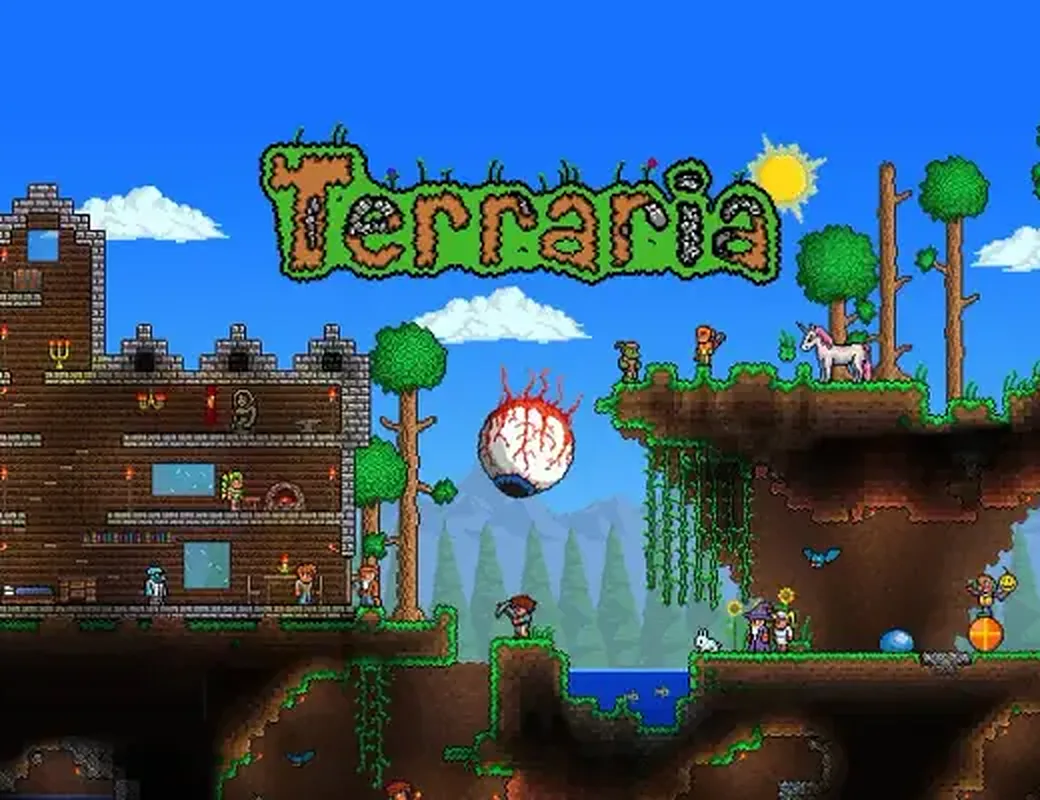 Terraria world with a castle, the Eye of Cthulhu and underground caves