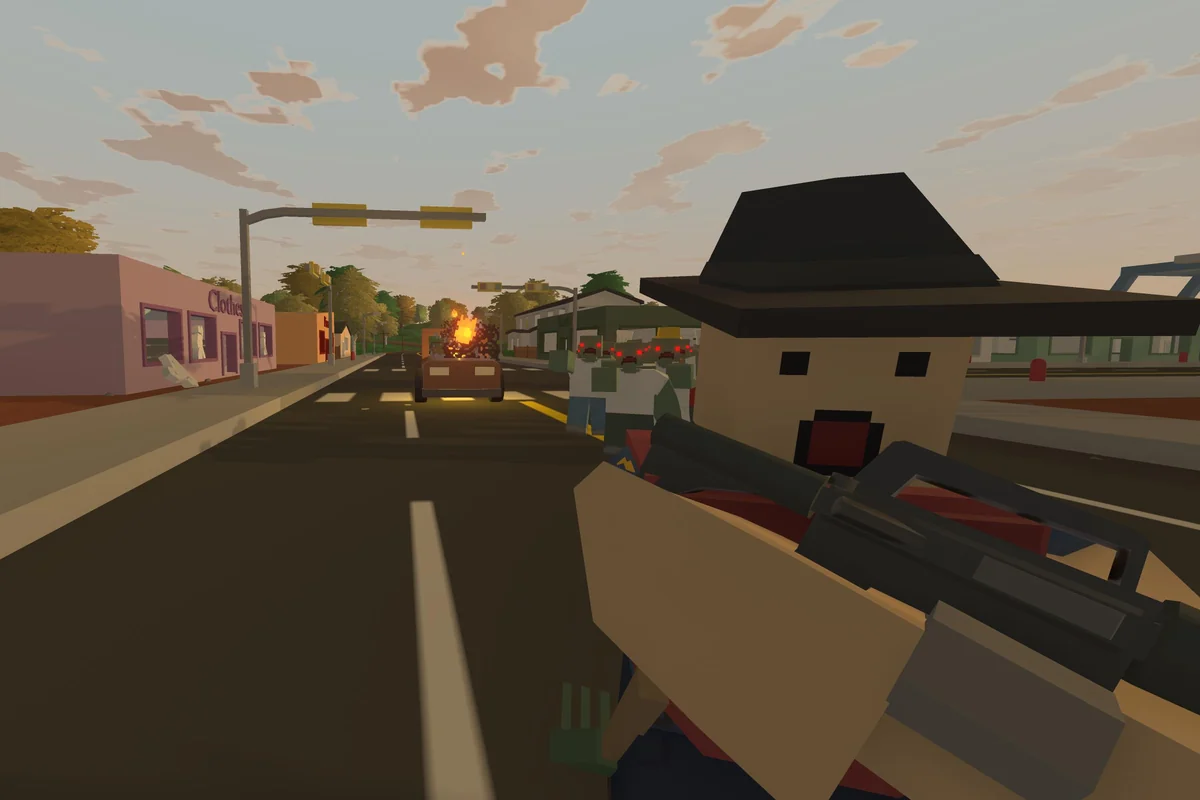 Unturned survivor with a rifle on a town street as red-eyed zombies close in